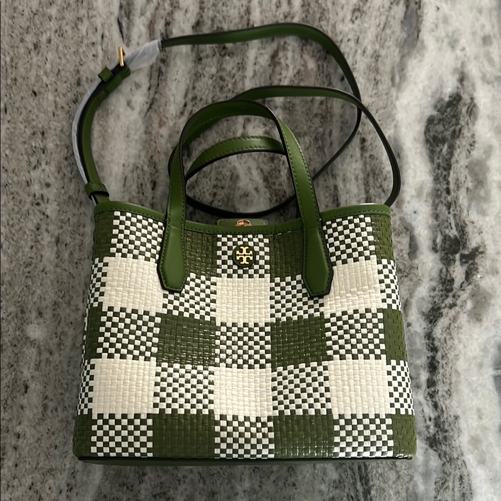 Tory Burch Green and White Gingham Tote